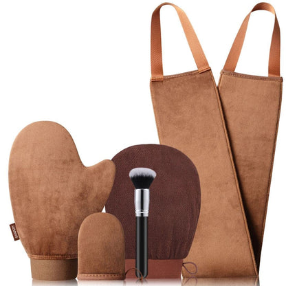 Sanfery 5-teiliges Selbstbräuner-Mitt-Set mit Rückenapplikator, Selbstbräunerpinsel, Peeling-Handschuh und Zubehör für eine makellose Bräune