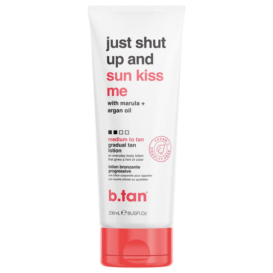 b.tan Medium Gradual Selbstbräunungslotion | Just Shut Up and Sun Kiss Me Everyday Glow Lotion - Entwickeln Sie einen gebräunten Glanz, Angereichert mit Marula- + Arganöl, Vegan, Ohne Tierversuche & Parabene, 236ml