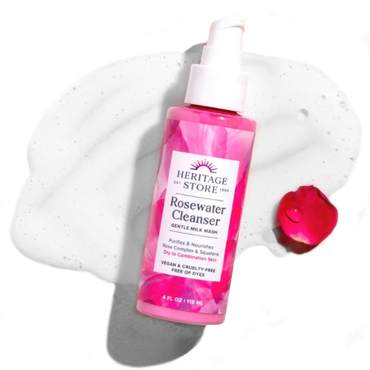 HERITAGE STORE Rosenwasser Gesichtsreiniger - Milchgesichtswäsche reinigt und pflegt mit Squalan, Rosenkomplex, für trockene bis Mischhaut, hypoallergen, pH-ausgeglichen, vegan, 60-Tage-Garantie, 118 ml