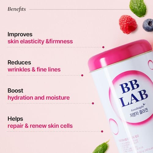 BB LAB Good Night Low Molecular Collagen Pulver-Stick – Halal-zertifiziertes koreanisches Meerescollagen mit Vitamin C & Glycin, Mischbeerengeschmack, 60g