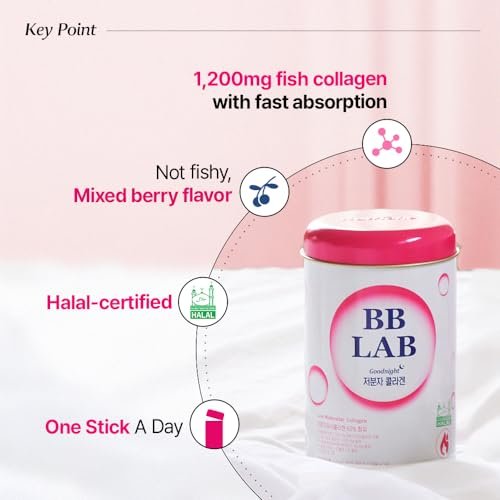 BB LAB Good Night Low Molecular Collagen Pulver-Stick – Halal-zertifiziertes koreanisches Meerescollagen mit Vitamin C & Glycin, Mischbeerengeschmack, 60g