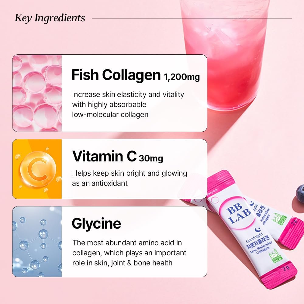BB LAB Good Night Low Molecular Collagen Pulver-Stick – Halal-zertifiziertes koreanisches Meerescollagen mit Vitamin C & Glycin, Mischbeerengeschmack, 60g