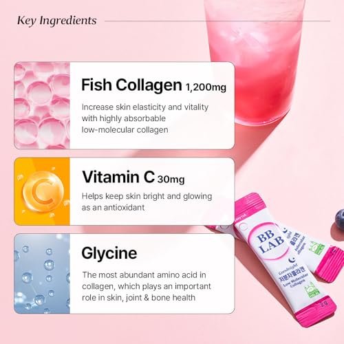 BB LAB Good Night Low Molecular Collagen Pulver-Stick – Halal-zertifiziertes koreanisches Meerescollagen mit Vitamin C & Glycin, Mischbeerengeschmack, 60g