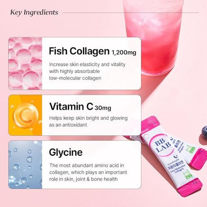 BB LAB Good Night Low Molecular Collagen Pulver-Stick – Halal-zertifiziertes koreanisches Meerescollagen mit Vitamin C & Glycin, Mischbeerengeschmack, 60g