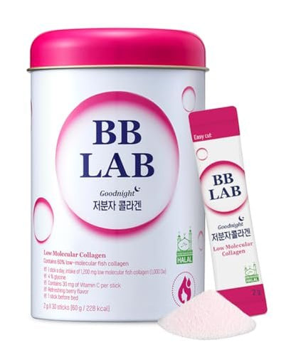 BB LAB Good Night Low Molecular Collagen Pulver-Stick – Halal-zertifiziertes koreanisches Meerescollagen mit Vitamin C & Glycin, Mischbeerengeschmack, 60g