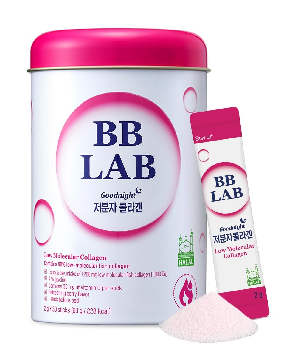 BB LAB Good Night Low Molecular Collagen Pulver-Stick – Halal-zertifiziertes koreanisches Meerescollagen mit Vitamin C & Glycin, Mischbeerengeschmack, 60g