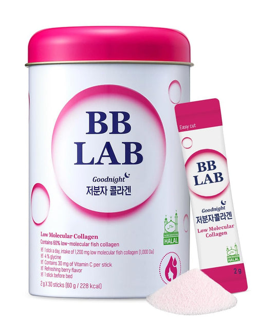 BB LAB Good Night Low Molecular Collagen Pulver-Stick – Halal-zertifiziertes koreanisches Meerescollagen mit Vitamin C & Glycin, Mischbeerengeschmack, 60g