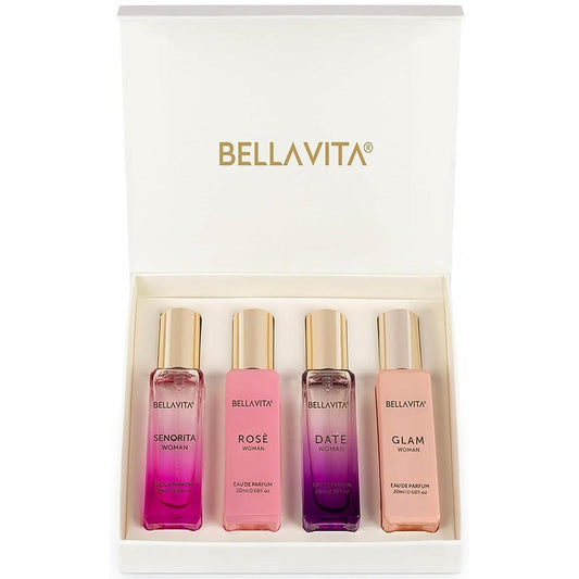 Bellavita Luxury Damenparfüm Geschenkset mit Rose, Senorita, Date und Glam | 4x20ml | Eau de Parfum für Frauen | Pink Pepper, Yuzu und Pfirsichblüte | Lang anhaltender Duft