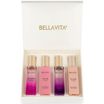 Bellavita Luxury Damenparfüm Geschenkset mit Rose, Senorita, Date und Glam | 4x20ml | Eau de Parfum für Frauen | Pink Pepper, Yuzu und Pfirsichblüte | Lang anhaltender Duft