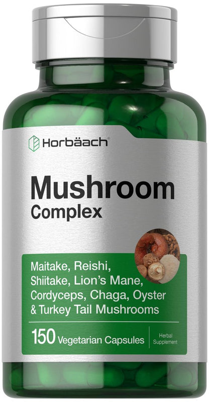 Horbäach Pilzkomplex Kapseln | 150 Stück | Reishi, Chaga, Löwenmähne, Cordyceps, Maitake, Shiitake, Austernpilz und Turkey Tail | Nicht-GVO & Glutenfrei