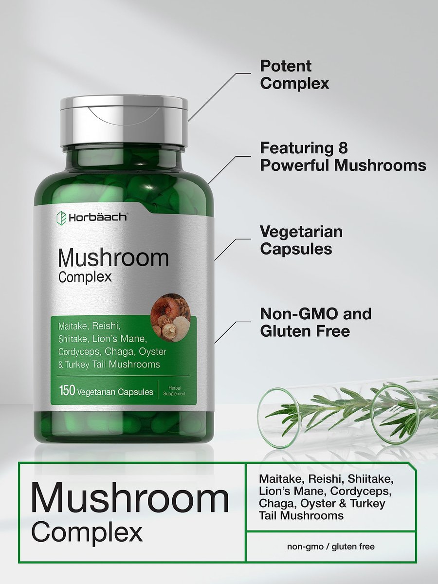 Horbäach Pilzkomplex Kapseln | 150 Stück | Reishi, Chaga, Löwenmähne, Cordyceps, Maitake, Shiitake, Austernpilz und Turkey Tail | Nicht-GVO & Glutenfrei
