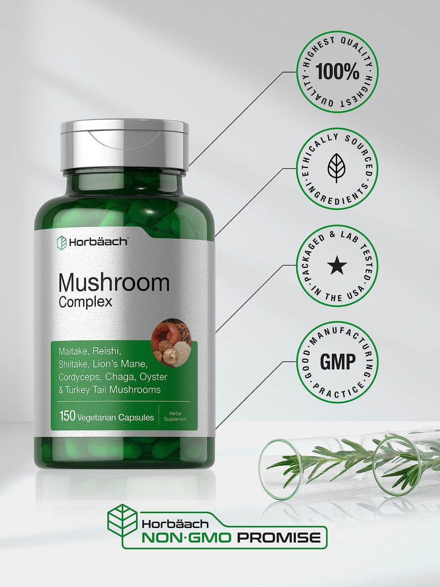 Horbäach Pilzkomplex Kapseln | 150 Stück | Reishi, Chaga, Löwenmähne, Cordyceps, Maitake, Shiitake, Austernpilz und Turkey Tail | Nicht-GVO & Glutenfrei