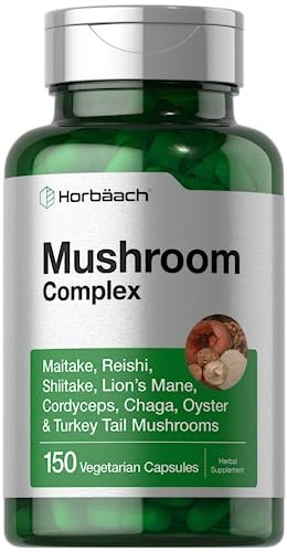 Horbäach Pilzkomplex Kapseln | 150 Stück | Reishi, Chaga, Löwenmähne, Cordyceps, Maitake, Shiitake, Austernpilz und Turkey Tail | Nicht-GVO & Glutenfrei