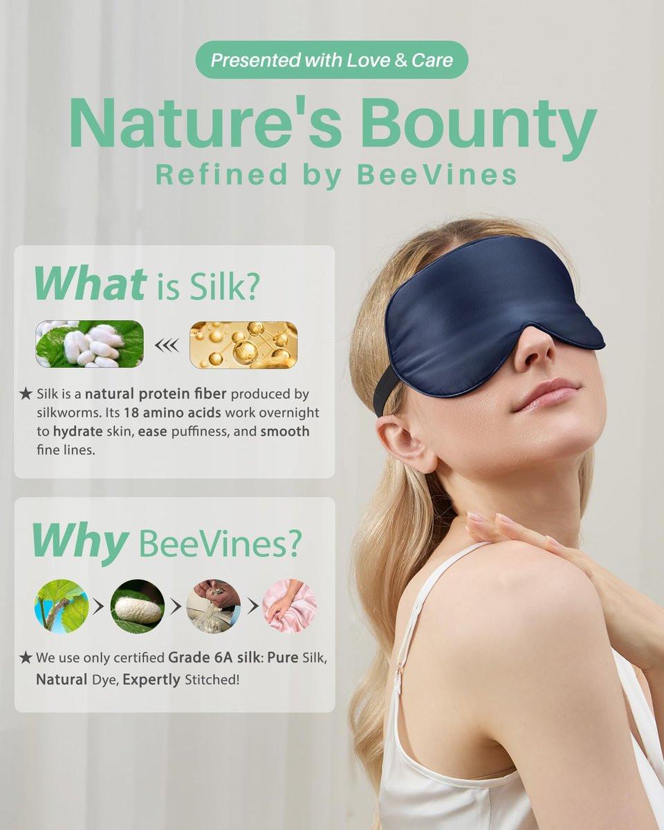 BeeVines 100% Echte Maulbeerseide Schlafmaske 2er-Pack, Reine Seiden-Augenmasken mit verstellbarem Band für erholsamen Schlaf, 100% Lichtblockade, reduziert Schwellungen unter den Augen – Reisegeschenk (Schwarz & Blau)