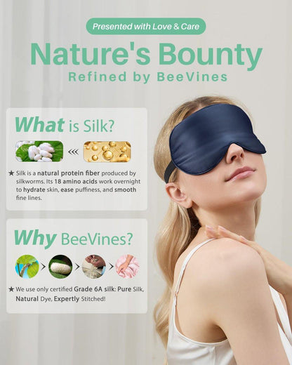 BeeVines 100% Echte Maulbeerseide Schlafmaske 2er-Pack, Reine Seiden-Augenmasken mit verstellbarem Band für erholsamen Schlaf, 100% Lichtblockade, reduziert Schwellungen unter den Augen – Reisegeschenk (Schwarz & Blau)