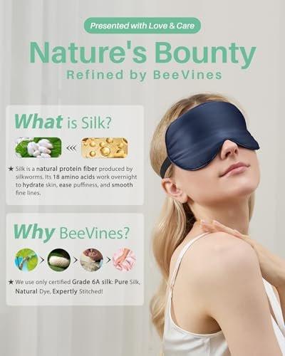 BeeVines 100% Echte Maulbeerseide Schlafmaske 2er-Pack, Reine Seiden-Augenmasken mit verstellbarem Band für erholsamen Schlaf, 100% Lichtblockade, reduziert Schwellungen unter den Augen – Reisegeschenk (Schwarz & Blau)