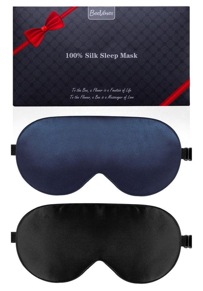 BeeVines 100% Echte Maulbeerseide Schlafmaske 2er-Pack, Reine Seiden-Augenmasken mit verstellbarem Band für erholsamen Schlaf, 100% Lichtblockade, reduziert Schwellungen unter den Augen – Reisegeschenk (Schwarz & Blau)