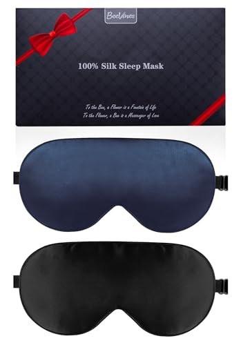 BeeVines 100% Echte Maulbeerseide Schlafmaske 2er-Pack, Reine Seiden-Augenmasken mit verstellbarem Band für erholsamen Schlaf, 100% Lichtblockade, reduziert Schwellungen unter den Augen – Reisegeschenk (Schwarz & Blau)