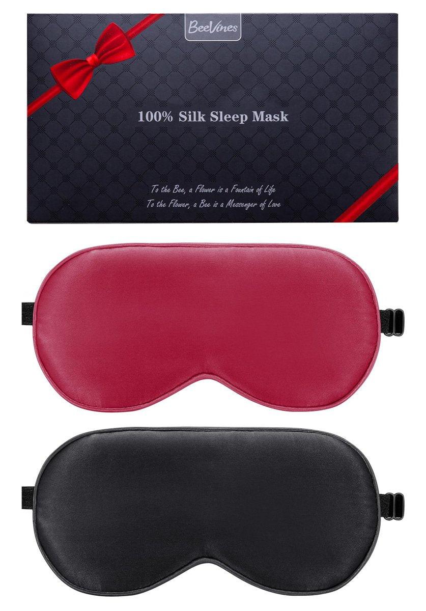 BeeVines 100% Echte Maulbeerseide Schlafmaske 2er-Pack, Reine Seiden-Augenmasken mit verstellbarem Band für erholsamen Schlaf, 100% Lichtblockade, reduziert Schwellungen unter den Augen, Reisegeschenk (Schwarz & Rot)