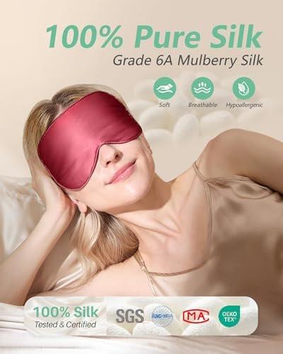 BeeVines 100% Echte Maulbeerseide Schlafmaske 2er-Pack, Reine Seiden-Augenmasken mit verstellbarem Band für erholsamen Schlaf, 100% Lichtblockade, reduziert Schwellungen unter den Augen, Reisegeschenk (Schwarz & Rot)