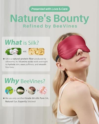 BeeVines 100% Echte Maulbeerseide Schlafmaske 2er-Pack, Reine Seiden-Augenmasken mit verstellbarem Band für erholsamen Schlaf, 100% Lichtblockade, reduziert Schwellungen unter den Augen, Reisegeschenk (Schwarz & Rot)