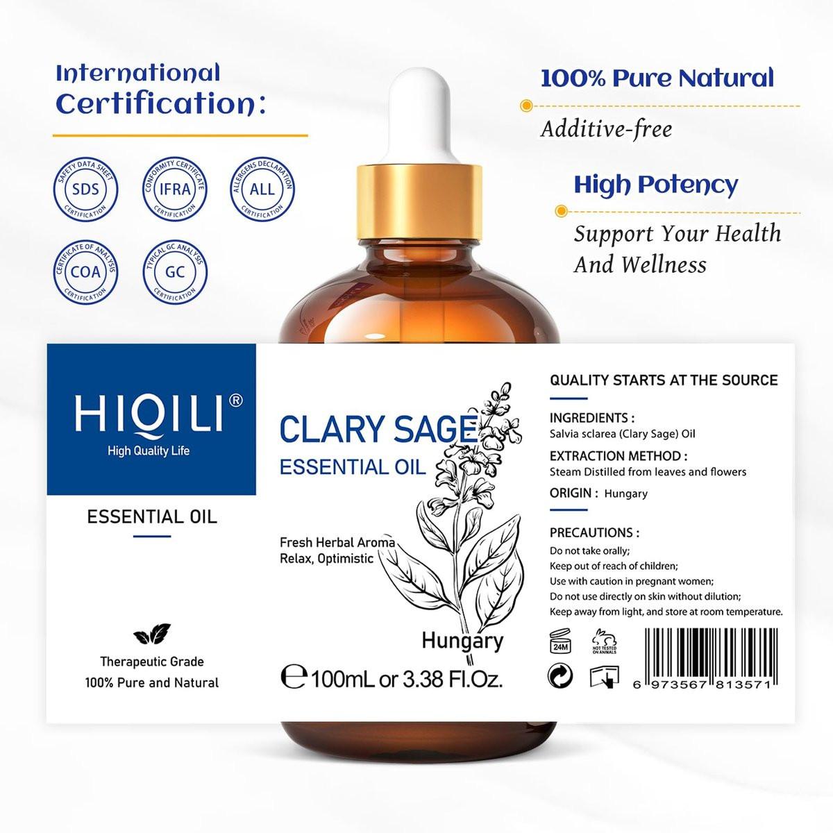 HIQILI Salbeiöl – 100 ml Bio-ätherisches Öl für Meditation, Schlaf & Massage