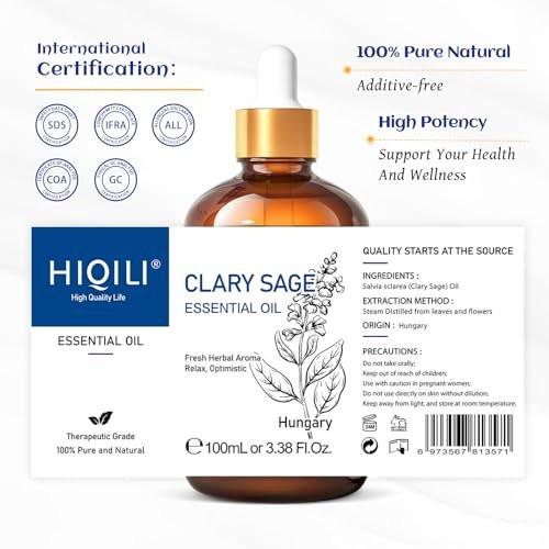 HIQILI Salbeiöl – 100 ml Bio-ätherisches Öl für Meditation, Schlaf & Massage