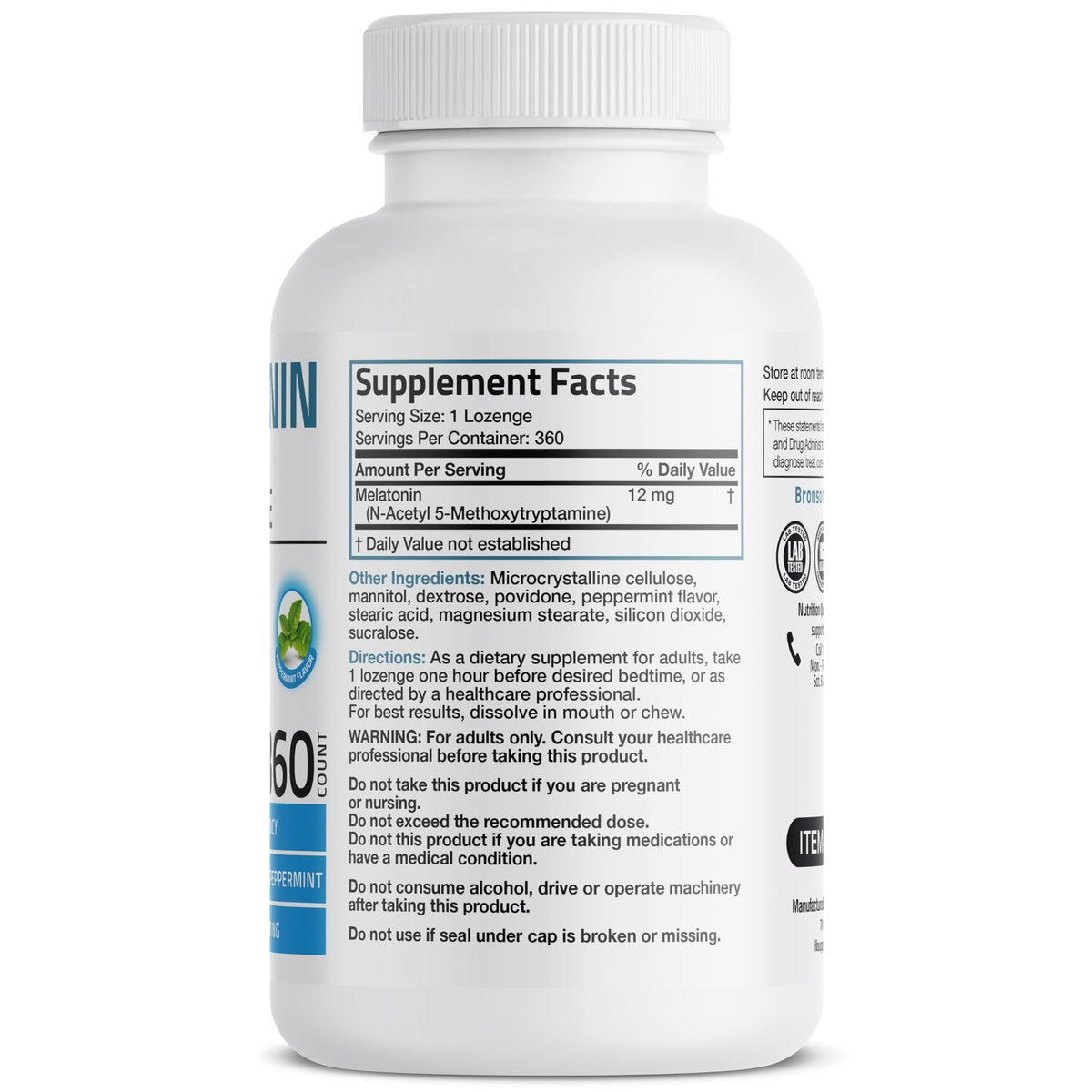 Bronson Melatonin 12mg Schnell lösliche Nachtruhe-Hilfe & Entspannungsunterstützung, 360 Pfefferminz-Vegetarier-Lutschtabletten