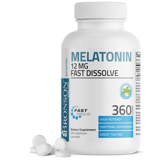 Bronson Melatonin 12mg Schnell lösliche Nachtruhe-Hilfe & Entspannungsunterstützung, 360 Pfefferminz-Vegetarier-Lutschtabletten
