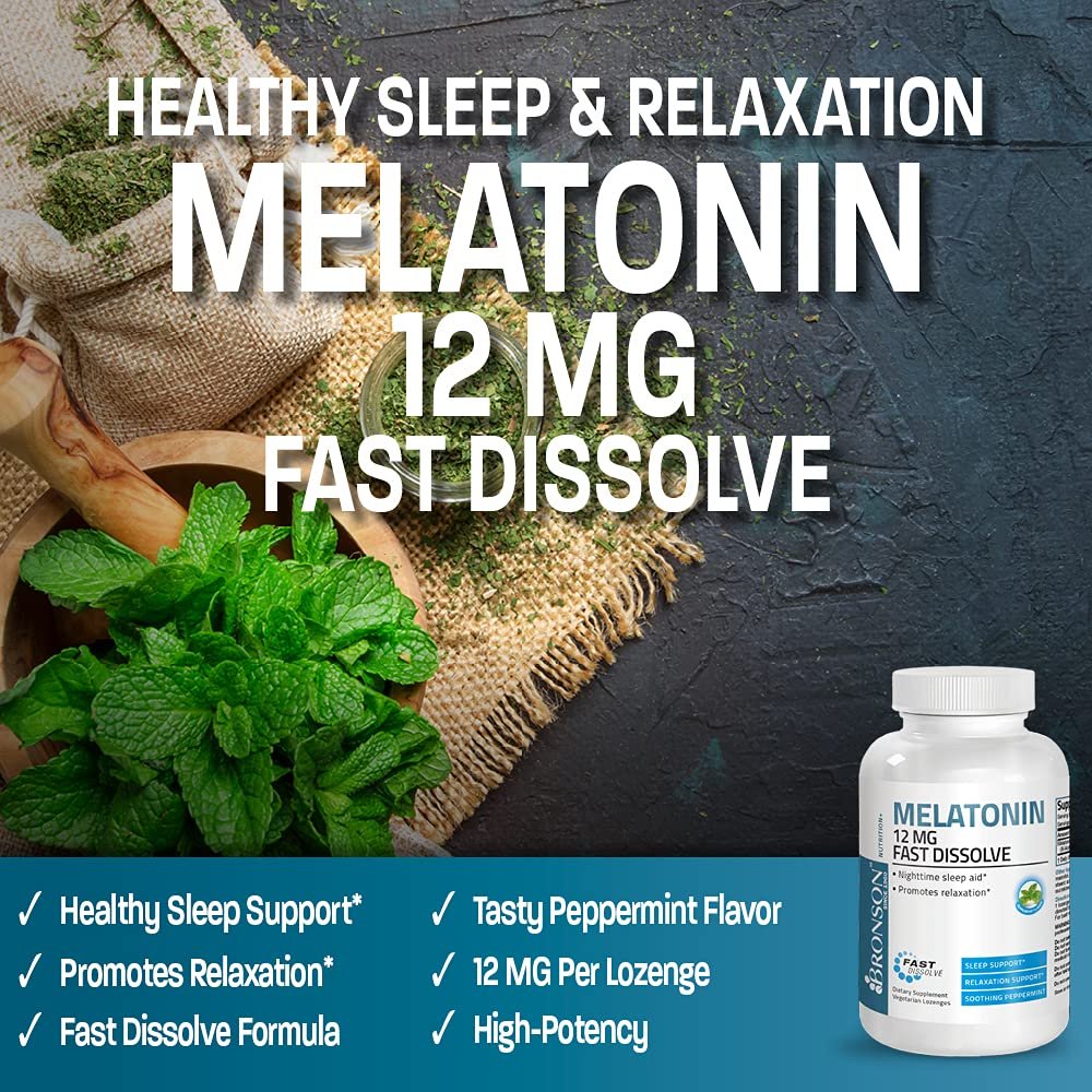 Bronson Melatonin 12mg Schnell lösliche Nachtruhe-Hilfe & Entspannungsunterstützung, 360 Pfefferminz-Vegetarier-Lutschtabletten