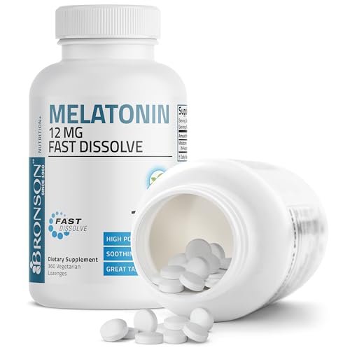 Bronson Melatonin 12mg Schnell lösliche Nachtruhe-Hilfe & Entspannungsunterstützung, 360 Pfefferminz-Vegetarier-Lutschtabletten