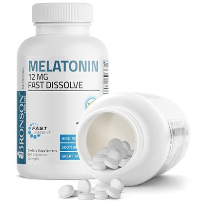Bronson Melatonin 12mg Schnell lösliche Nachtruhe-Hilfe & Entspannungsunterstützung, 360 Pfefferminz-Vegetarier-Lutschtabletten