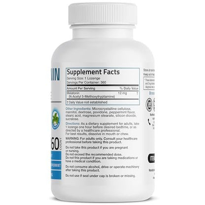 Bronson Melatonin 12mg Schnell lösliche Nachtruhe-Hilfe & Entspannungsunterstützung, 360 Pfefferminz-Vegetarier-Lutschtabletten