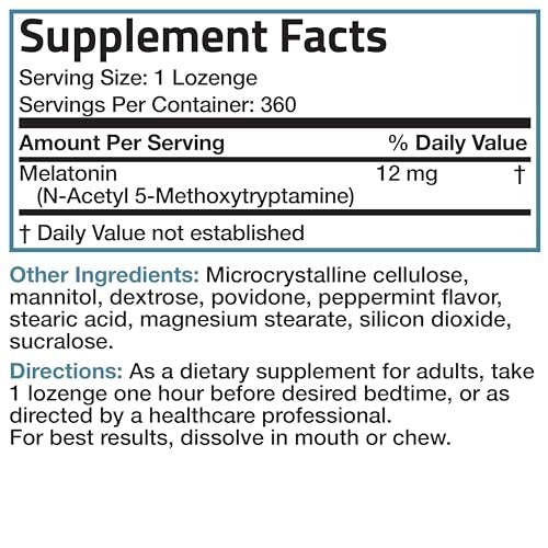 Bronson Melatonin 12mg Schnell lösliche Nachtruhe-Hilfe & Entspannungsunterstützung, 360 Pfefferminz-Vegetarier-Lutschtabletten