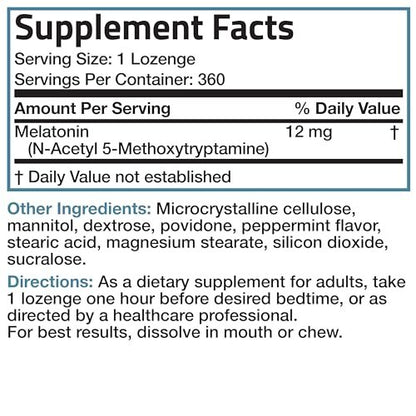 Bronson Melatonin 12mg Schnell lösliche Nachtruhe-Hilfe & Entspannungsunterstützung, 360 Pfefferminz-Vegetarier-Lutschtabletten