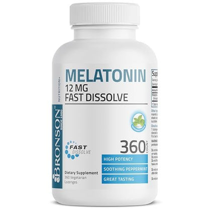 Bronson Melatonin 12mg Schnell lösliche Nachtruhe-Hilfe & Entspannungsunterstützung, 360 Pfefferminz-Vegetarier-Lutschtabletten