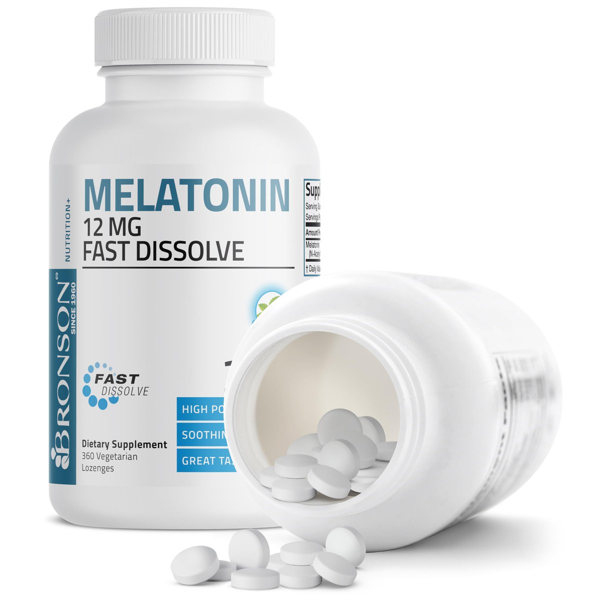 Bronson Melatonin 12mg Schnell lösliche Nachtruhe-Hilfe & Entspannungsunterstützung, 360 Pfefferminz-Vegetarier-Lutschtabletten