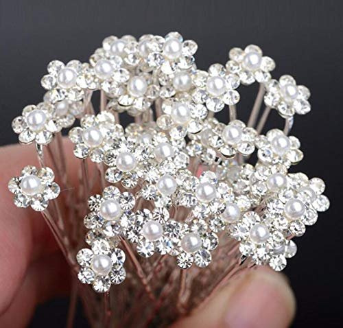 AKOAK 40 Stück Braut-Diamant-Perlen-Blumen-Tiara Hochzeitskranz Perlenblumen-Haarnadel Elegante U-Pin Metall-Haargabel für Damen-Haarschmuck