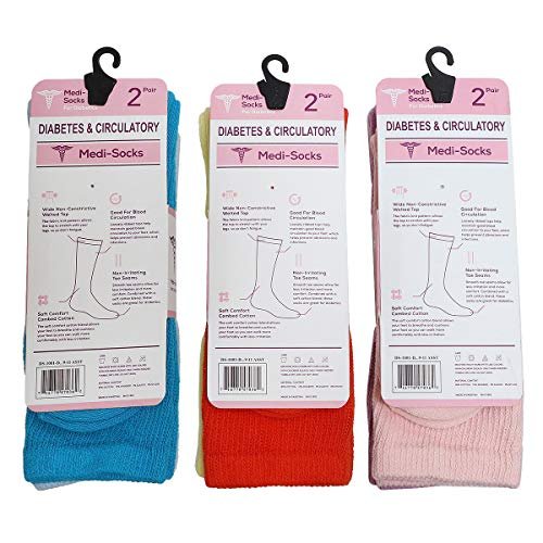 Falari Damen Diabetikersocken – Bequeme Baumwoll-Socken für geschwollene Füße, Durchblutungsstörungen & Ödeme – 6 Paar (Crew-Länge, gemischt, Größe 9-11)