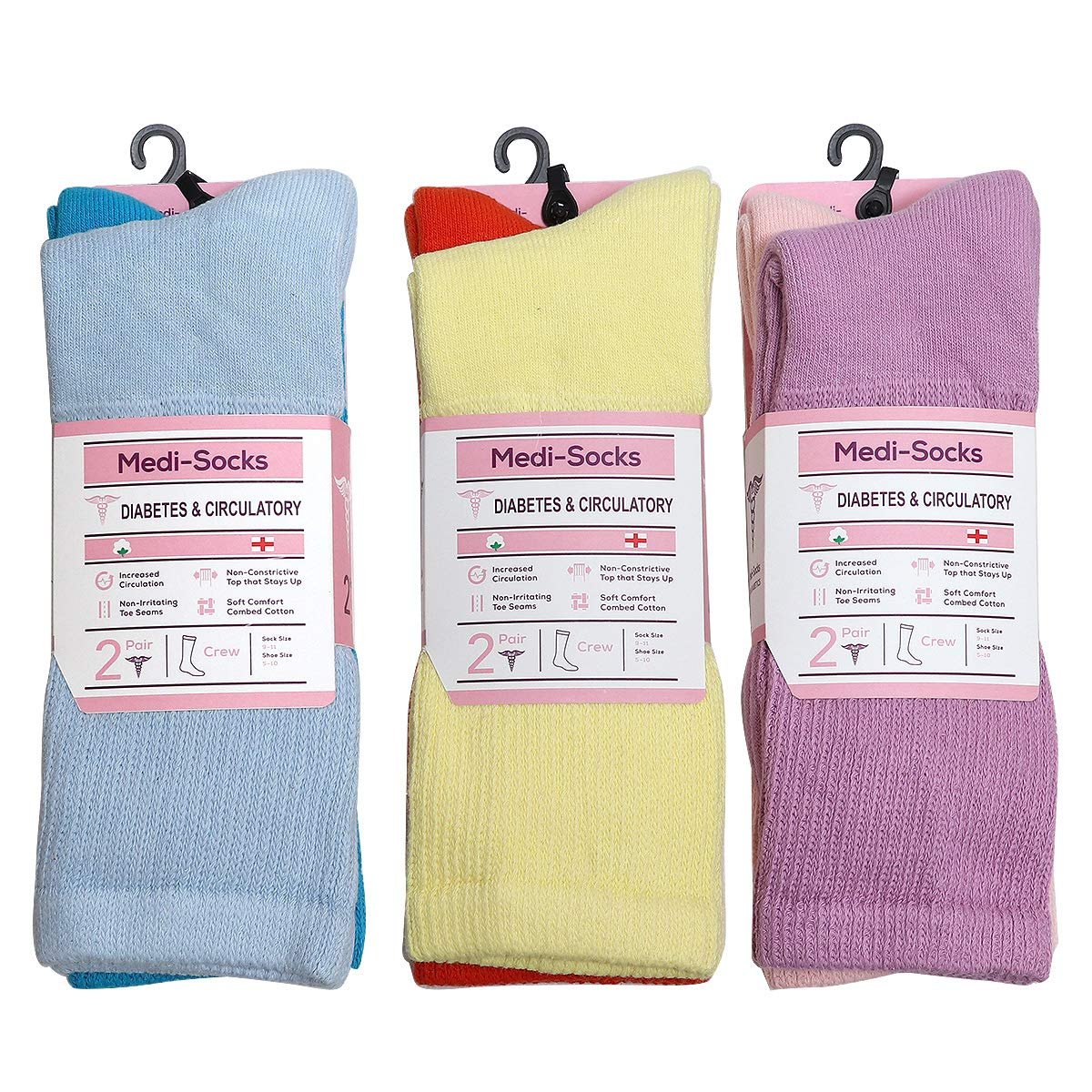 Falari Damen Diabetikersocken – Bequeme Baumwoll-Socken für geschwollene Füße, Durchblutungsstörungen & Ödeme – 6 Paar (Crew-Länge, gemischt, Größe 9-11)