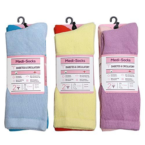 Falari Damen Diabetikersocken – Bequeme Baumwoll-Socken für geschwollene Füße, Durchblutungsstörungen & Ödeme – 6 Paar (Crew-Länge, gemischt, Größe 9-11)