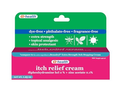 A+Health Juckreiz Creme 1,25 Unzen, Extra Starkes Diphenhydramin HCl Topisches Analgetikum Hautschutzmittel Lindert Schmerzen Juckreiz von Insektenstichen, leichten Verbrennungen, Giftefeu, Duftstofffrei