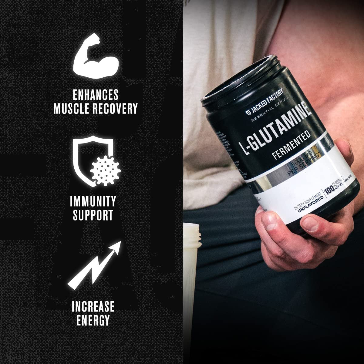 Jacked Factory L-Glutamin Pulver 100 Portionen - Veganes fermentiertes L-Glutamin Supplement für Muskelregeneration, Immunsystem und Verdauungsgesundheit | Ohne künstliche Füllstoffe - Geschmacksneutral