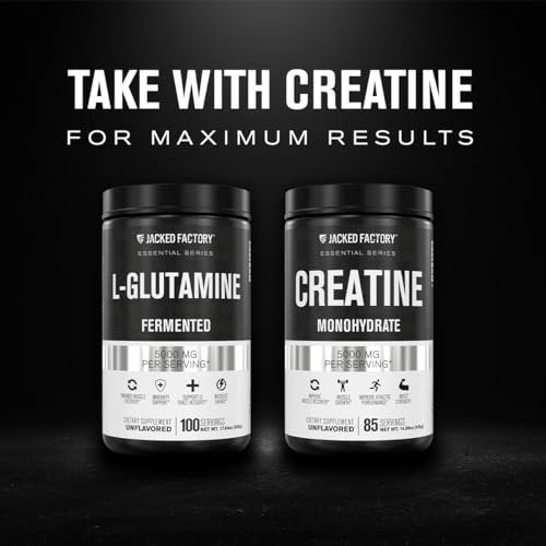 Jacked Factory L-Glutamin Pulver 100 Portionen - Veganes fermentiertes L-Glutamin Supplement für Muskelregeneration, Immunsystem und Verdauungsgesundheit | Ohne künstliche Füllstoffe - Geschmacksneutral