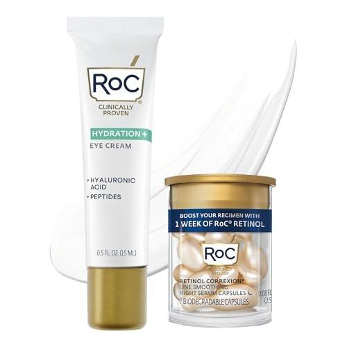 RoC Multi Correxion Hyaluronsäure Anti-Aging Augencreme gegen Schwellungen & Augenringe (0,5 oz) + RoC Retinol Kapseln (7 Stk.), Hautpflege-Routine, Duft- & Parabenfrei für Frauen und Männer