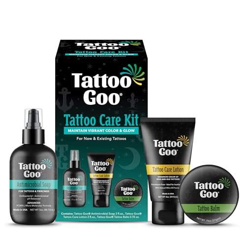 Tattoo Goo Tattoo Aftercare Kit – 3-teiliges Set mit antimikrobieller Seife, Tattoo-Balsam und Heilungslotion für frische Tinte und laufende Pflege