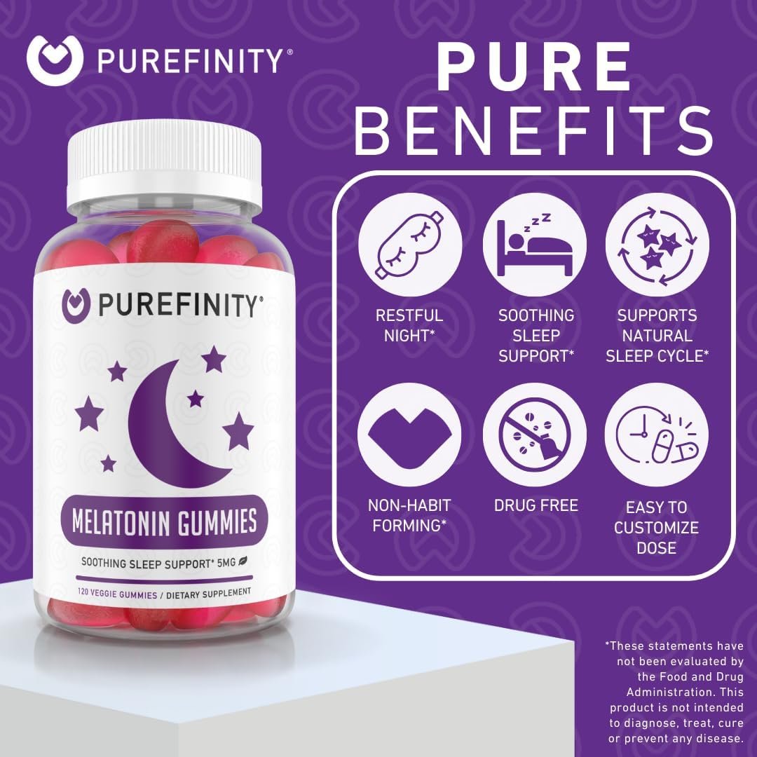 PUREFINITY Melatonin Gummis 5 mg für Kinder – Jeder leckere Gummibär enthält 2,5 mg (2 pro Portion) für einfache Anpassung deiner Nacht, glutenfrei, nicht-GVO, vegan, 120 Stück