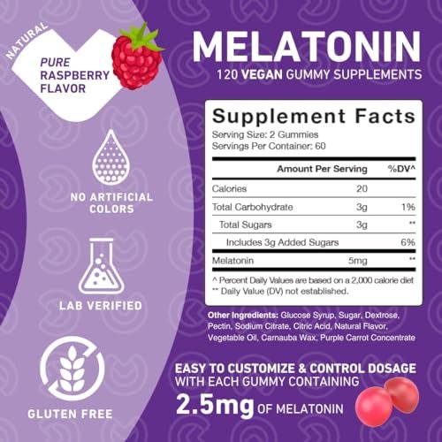 PUREFINITY Melatonin Gummis 5 mg für Kinder – Jeder leckere Gummibär enthält 2,5 mg (2 pro Portion) für einfache Anpassung deiner Nacht, glutenfrei, nicht-GVO, vegan, 120 Stück