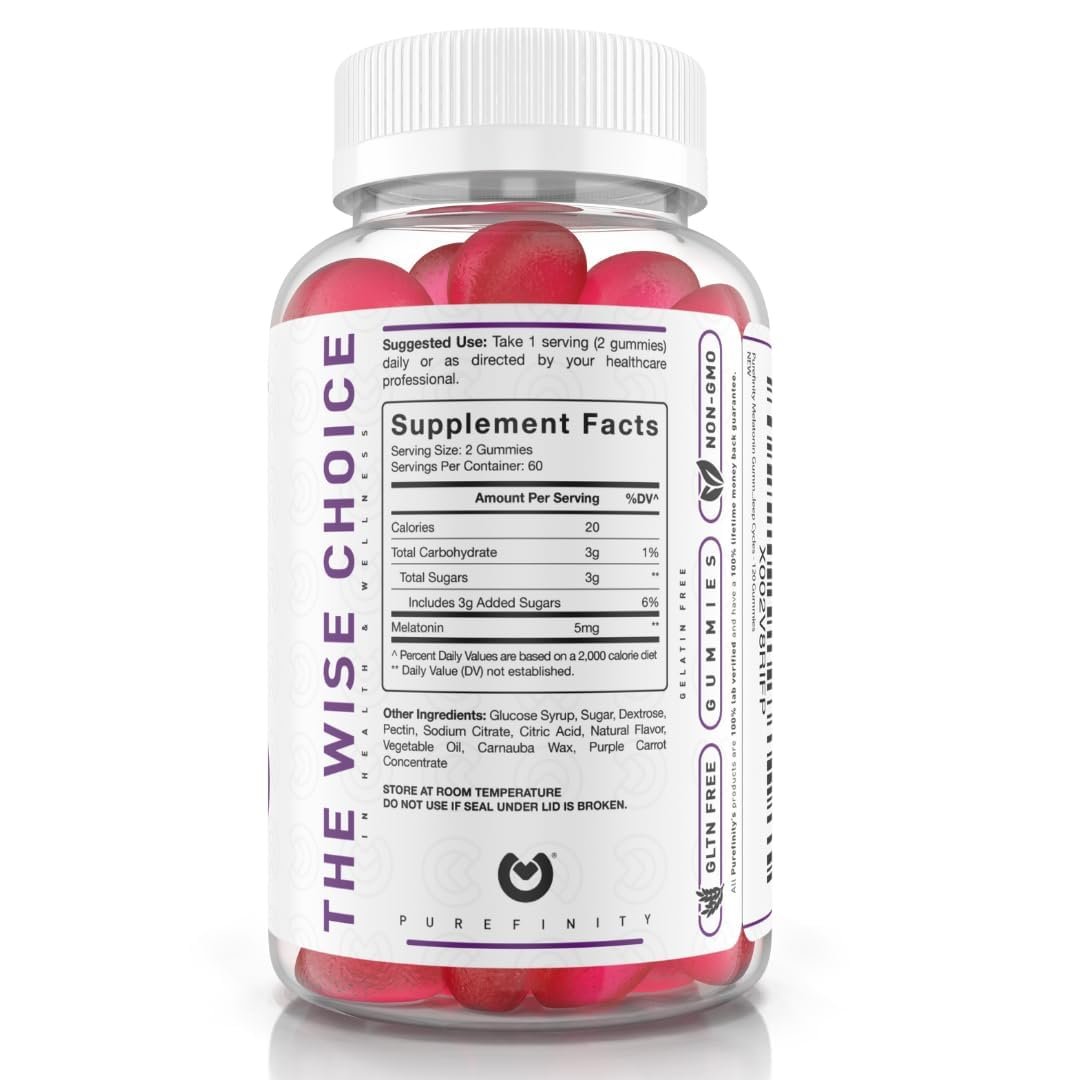 PUREFINITY Melatonin Gummis 5 mg für Kinder – Jeder leckere Gummibär enthält 2,5 mg (2 pro Portion) für einfache Anpassung deiner Nacht, glutenfrei, nicht-GVO, vegan, 120 Stück