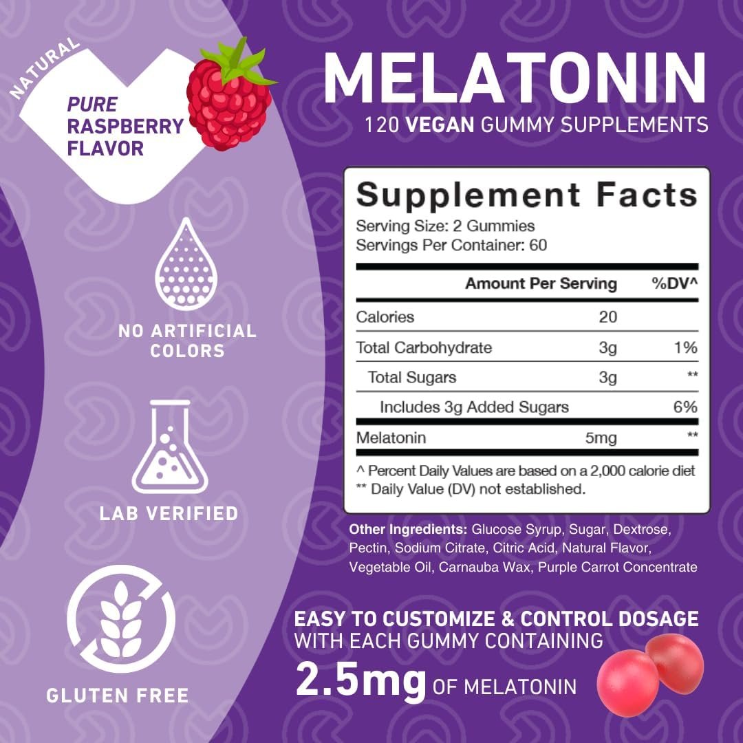 PUREFINITY Melatonin Gummis 5 mg für Kinder – Jeder leckere Gummibär enthält 2,5 mg (2 pro Portion) für einfache Anpassung deiner Nacht, glutenfrei, nicht-GVO, vegan, 120 Stück